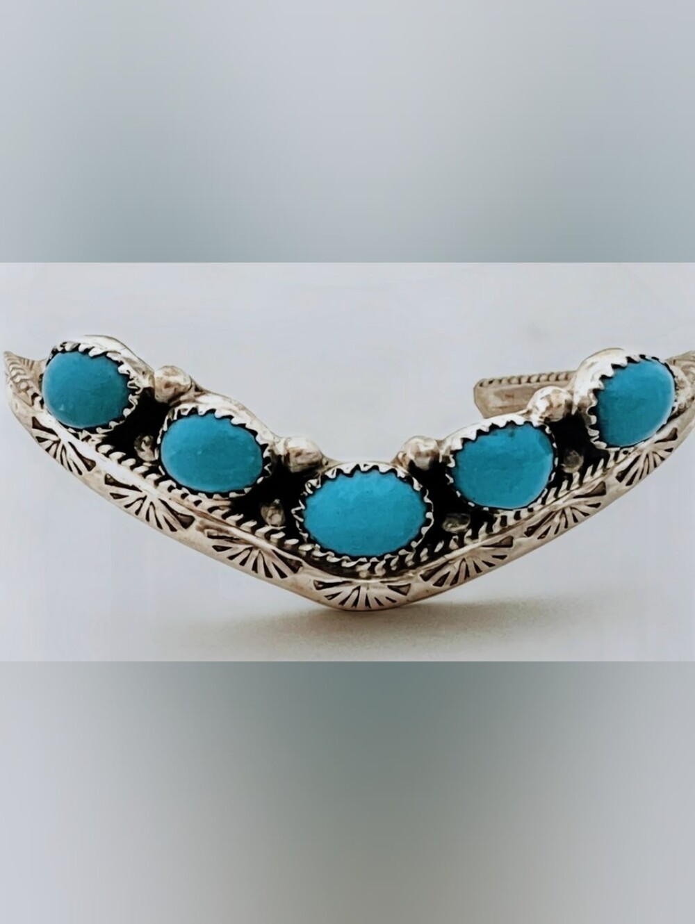Native Vintage Turquoise & Sterling Stamped Cuff Bracelet Signed Navajo F Yazzie